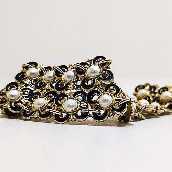 David-Andersen Willy Winnæss (Winnaess) black and white floral sterling silver and enamel bracelet, Norway, Norwegian, mid-century-modern