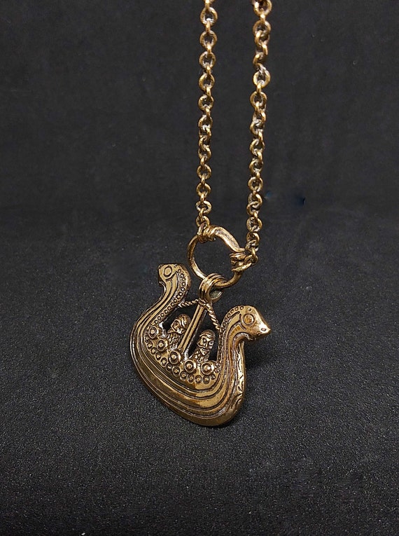 Vintage pendant and chain, bronze  Viking Ship and