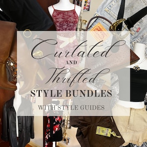 May include: A collage of clothing items including a red patterned tank top, a black leather jacket, a denim garment with a leather belt, a black tube top, a tan skirt, and brown boots, overlaid with the text Curated AND Thrifted STYLE BUNDLES WITH STYLE GUIDES.