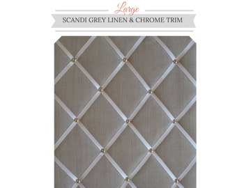 Scandi Grey Linen & Chrome Trim, Large Fabric Notice Board Hangs Portrait 48x40cm/18x16" Pinboard,Memo Board,Message Board, Bulletin Board