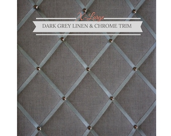 Dark Grey Linen & Chrome Trim, X-Large Fabric Notice Board Hangs Portrait  60x48cm/24x18" Pinboard,Memo Board,Message Board, Bulletin Board