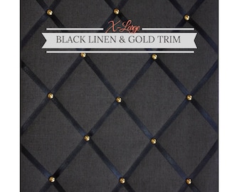 Black Linen & Gold Trim, X-Large Fabric Notice Board Hangs Portrait  60x48cm/24x18" Pinboard,Memo Board,Message Board, Bulletin Board
