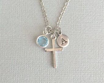 Personalized Cross Necklace, Religious Necklace, Baptism Necklace, Initial Necklace, First Communion Gift, Catholic Necklace, Hand Stamped