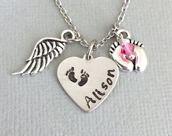 Remembrance Necklace, Miscarriage Jewelry, Loss of a child, Handstamped Jewelry, Mother Necklace, Baby Feet, Angel Wing, Guardian Angel