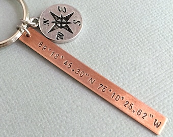 Double Sided Rustic Coordinate Keychain, Latitude Longitude, Man Gift, Gift for Boyfriend, Long Distance, Best Friend, Traveller Gift, GPS