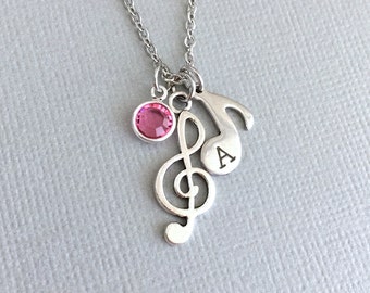 Hand Stamped Treble Clef Necklace, Musical Note, Musician Necklace, Little Girl, Birthstone Necklace, Music Charm, Singer Necklace