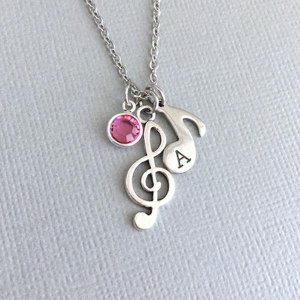 Hand Stamped Treble Clef Necklace, Musical Note, Musician Necklace, Little Girl, Birthstone Necklace, Music Charm, Singer Necklace