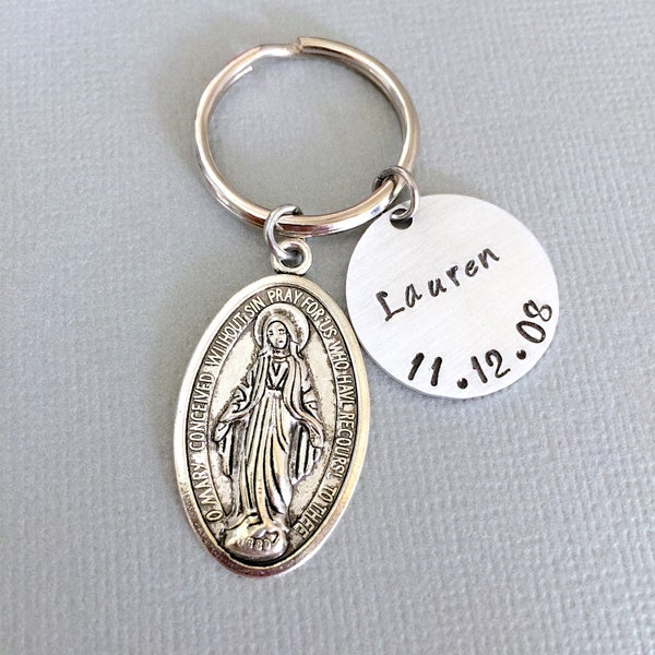 Personalized Virgin Mary Keychain, Name Keychain, First Communion Gift, Baptism Gift, Confirmation Date, Hand Stamped, Customized Keychain