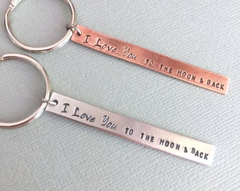 Double Sided I Love You To The Moon and Back Keychain, Gift To Him, Boyfriend Gift, Gift To Her, Valentine Gift, Rustic Keychain, Men's Gift