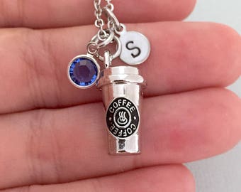 Personalisierte Kaffee Halskette, Kaffee Liebhaber, Koffein Halskette, Initial Halskette, Geburtsstein Charm, Kaffee Schmuck