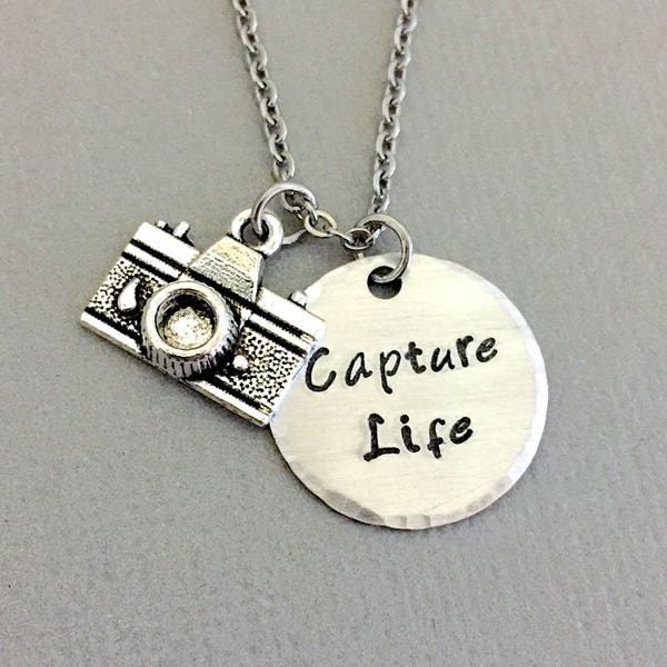 Capture Life Necklace, Camera Necklace, Photografer Jewelry, Hand Stamped Necklace, Camera Charm, Wedding Photografer Gift