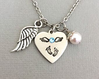 Angel Wing Necklace, Birthstone Necklace, Baby Feet, Miscarriage Keepsake, Memorial Jewelry, Sympathy Gift, Silver Wing, Guardian Angel