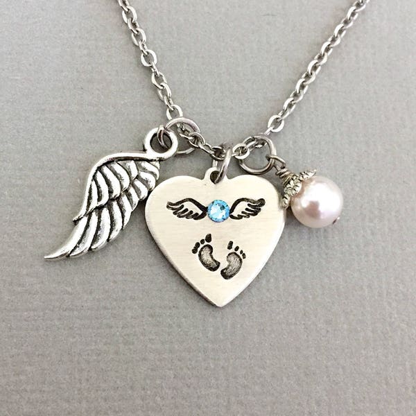 Angel Wing Necklace, Birthstone Necklace, Baby Feet, Miscarriage Keepsake, Memorial Jewelry, Sympathy Gift, Silver Wing, Guardian Angel