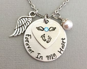 Forever In My Heart Necklace, Angel Wing Necklace, Miscarriage Jewelry, Loss Of Baby Gift, Baby Foot Necklace, Pearl, Birthstone Necklace