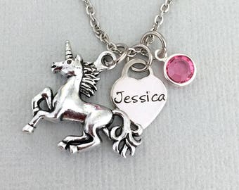 Eenhoorn ketting, naam ketting, klein meisje ketting, hart ketting, gepersonaliseerde ketting, aangepaste naam ketting, hand gestempeld