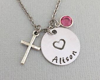 Personalized Christening Necklace, Baptism Necklace, Cross Necklace, First Communion Necklace, Goddaughter Necklace, Godmother Necklace