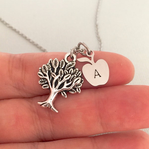 Personalised Apple Necklace, Teacher Gift, Tree Jewelry, Day Care, Christmas Gift, Hand Stamped, Custom Necklace, Initial Necklace