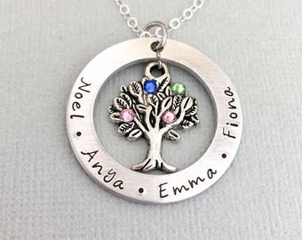 Personalised Family Name Necklace, Tree of Life Necklace, Birthstone Necklace, Mother Gift, Grandma Necklace, Gift for Grandmother, Mom Gift