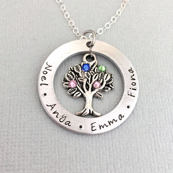 Personalised Family Name Necklace, Tree of Life Necklace, Birthstone Necklace, Mother Gift, Grandma Necklace, Gift for Grandmother, Mom Gift