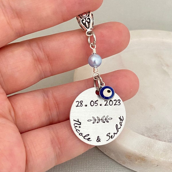 Charme personnalisé du bouquet Evil Eye, Quelque chose de bleu, Porte-bonheur, Charme nuptiale, Charme de mariage, Charme commémoratif, Cadeau souvenir