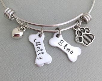 Hand Stamped Pet Bracelet, Dog Mom Bracelet, Pet Names, Paw Charm, Personalized Dog Bracelet, Gift for Dog Lover, Pet Memorial Gift, Bone