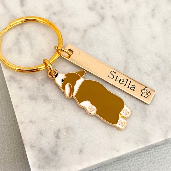 Personalised Corgi Keychain, Dog Lover Gift, Welsh Corgi Butt Keyring, Sploot Corgi, Pet Loss Gift, Memorial Gift, Paw Print, Pet Keepsake