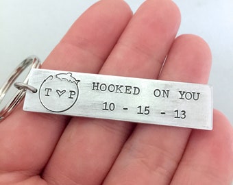 Personalised Hooked On You Keychain, Gift for Him, Anniversary Gift, Birthday Keyring, Boyfriend Gift, Gift for Her, Fishing Keychain