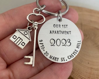 Double Sided New Home Keychain, First House Gift, Home Owner Gift, Home Sweet Home, Address Keyring, Housewarming Gift, 1st Apartment Gift