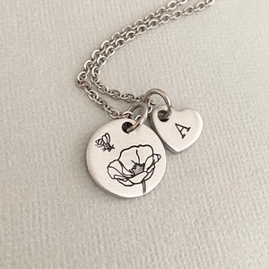 Personalised Poppy Necklace, August Birth Flower, Bee Jewellery, Gift for Her, Birthday Gift, Flower Necklace, Mother&#39;s Day Gift, Friends