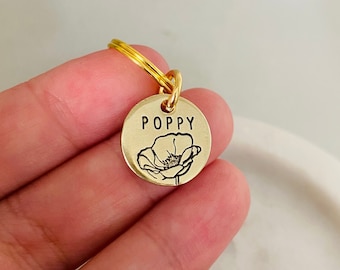 Mini Poppy Pet Tag ID, Flower Dog Tag, Cat Tag, Kitten ID Tag, Puppy Tag, Small Dog, Light Weight, Size 15mm or 5/8 inches, Silver or Gold