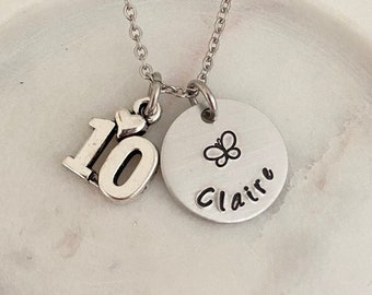 Collar personalizado para el décimo cumpleaños, collar para niña pequeña, regalo para el décimo cumpleaños, collar para adolescente, collar con piedra de nacimiento con nombre y edad, regalo para hija
