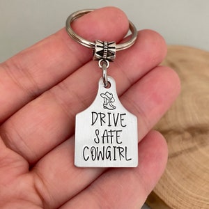 Double Sided Drive Safe Cowgirl Keychain, Sweet 16 Birthday Gift, First Car Gift, Gift for Her, Gift from Parent, Daughter Gift, Cattle Tag
