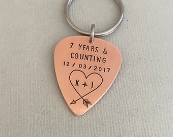 Personalised Copper Anniversary Guitar Pick, 7 Year Anniversary, Gift for Men, Husband Keychain, Boyfriend Gift, Gift for Him, Him Her