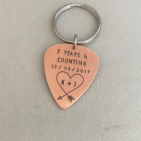 Personalised Copper Anniversary Guitar Pick, 7 Year Anniversary, Gift for Men, Husband Keychain, Boyfriend Gift, Gift for Him, Him Her