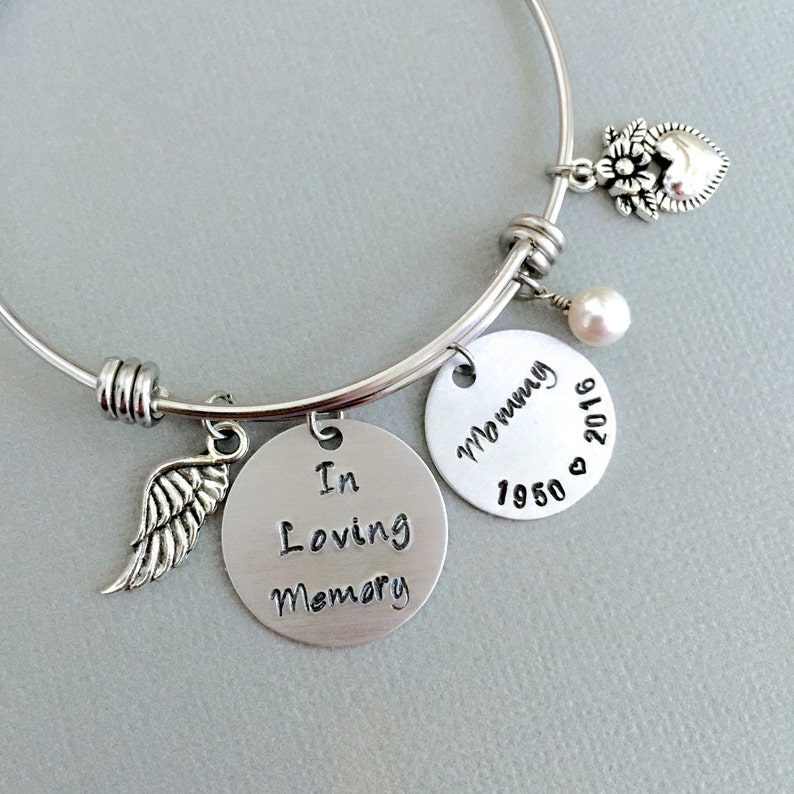 In Loving Memory Bracelet, Mother Memorial Bracelet, Adjustable Bangle, Remembrance Gift, Loss of Mom, Loss of Dad, Angel Wing, Heart Charm image 1