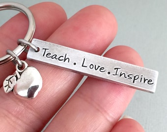 Double Sided Teach Love Inspire Keychain, Gift for Teacher, Teacher Appreciation Keyring, Personalized Keychain, Gift Under 20, Apple Charm