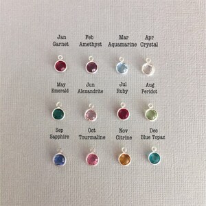 May include: Twelve small charms with different coloured gemstones representing the twelve months of the year. Each charm is a silver pendant with a small round gemstone. The gemstones are red, purple, blue, clear, green, pink, ruby red, green, pink, yellow, gold, and blue.