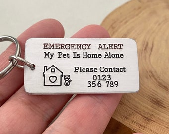Personalised Home Alone Pet Keychain, Pet Owner Gift, Cat Lover, Dog Lover, Emergency Keyring, Pet Safety Keyring, Contact Information