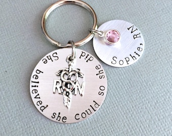 Personalized RN Nurse Keychain, Nurse Gift, Nurse Graduation, She Believed She Could So She Did, Birthstone Charm, Name Key chain, RN Charm