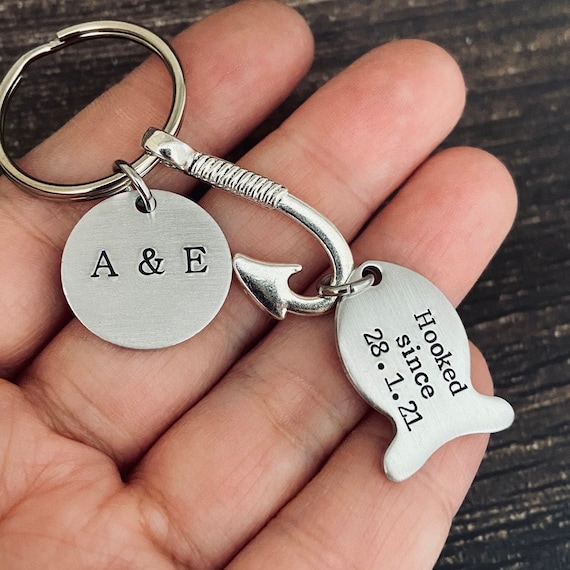 AnesandEve Hand Stamped Fishing Hook Keychain, Anniversary Gift, Gift for Him, Husband Key Ring, Boyfriend Gift, Gift for Her, Personalised Hooked