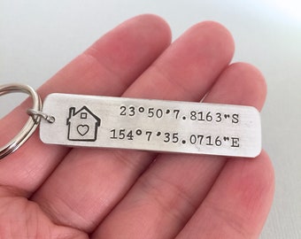 Double Sided First Home Keychain, Home Sweet Home, House Warming Gift, Coordinates Keychain, Home Keyring, Gift for Her, Gift for Him