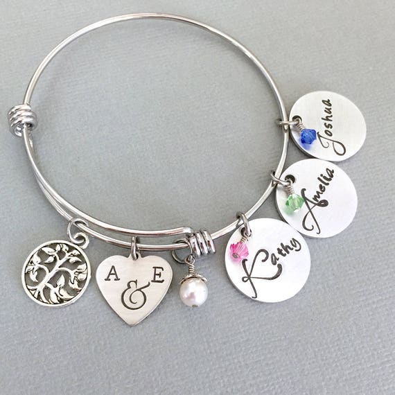 Mother's Bracelet, Family Tree, Tree of Life, Birthstone Bracelet, Gift for Mom, Mother's Day, Mother's Gift, Hand Stamped, Kid's Name