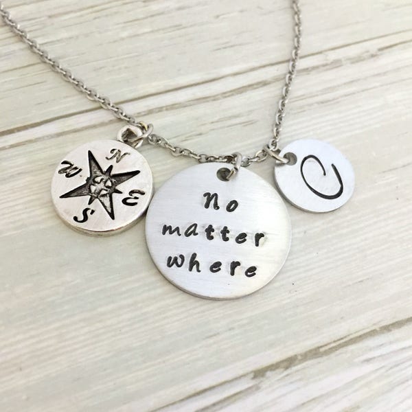 Personalised No Matter Where Necklace, Compass Necklace, Initial Necklace, Friendship Necklace, BFF Necklace, Long Distance Gift, AnesandEve