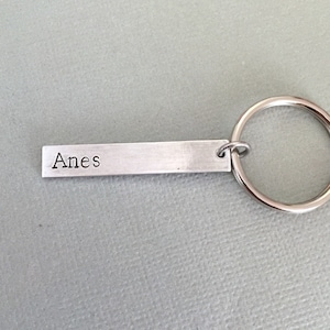 以下が含まれることがあります： 名前「Anes」が刻まれた長方形のタグが付いたシルバーのキーホルダーです。