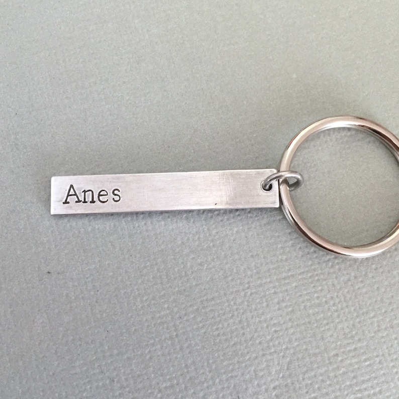 以下が含まれることがあります： 名前「Anes」が刻まれた長方形のタグが付いたシルバーのキーホルダーです。