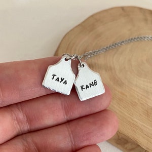 Op de afbeelding: Zilveren ketting met twee gepersonaliseerde tags. De tags zijn gevormd als oorkleppen voor vee en hebben de namen "Taya" en "Kane" erop gegraveerd.