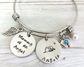 Personalized Mommy Of An Angel Bracelet, Miscarriage Gift, Memorial Gift, Angel Wing, Baby Feet, Birthstone, Name Bracelet, Remembrance