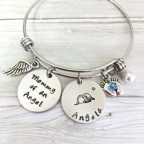 Personalized Mommy Of An Angel Bracelet, Miscarriage Gift, Memorial Gift, Angel Wing, Baby Feet, Birthstone, Name Bracelet, Remembrance
