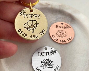 Targhetta per animali domestici di fiori di medie dimensioni, targhetta identificativa per cane papavero, targhetta per gatti, targhetta in argento oro, targhetta per animali in oro rosa, accessorio collare, targhetta di loto, targhetta identificativa rosa, giglio