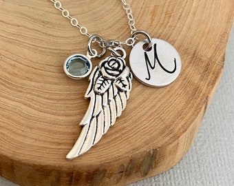 Collar personalizado de ala de ángel, collar inicial de ángel de la guarda, collar conmemorativo, pérdida de bebé, regalo a mamá, regalo de simpatía, recuerdo